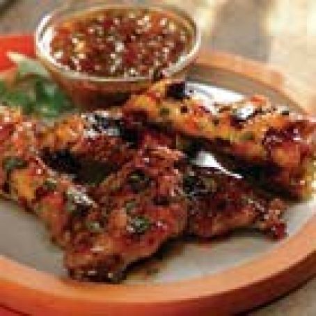 Grilled Chicken Wings with Sweet Red Chili and Peach Glaze