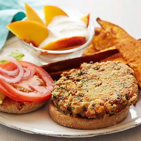 Bean-Kale Burgers with Sweet Potato Wedges