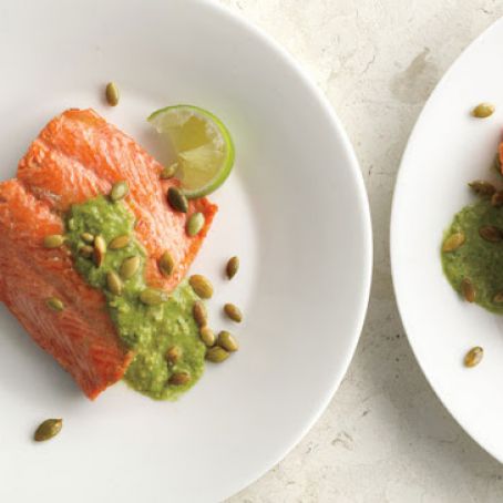 Pan-Seared Salmon with Pumpkin Seed-Cilantro Pesto