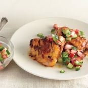 Spicy Chicken Thighs with Rhubarb Cucumber Salsa