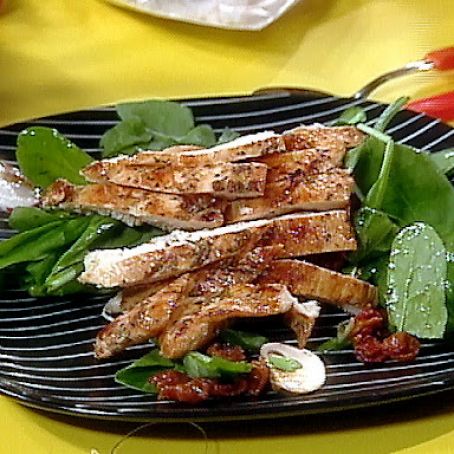 Balsamic Chicken Cutlet over Spinach Salad with Mushrooms, Bacon and Warm Shallot Dressing