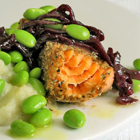 Spiced Salmon with Wine Braised Shallots, Edamame & Sunchoke Puree