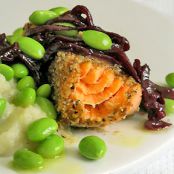 Spiced Salmon with Wine Braised Shallots, Edamame & Sunchoke Puree