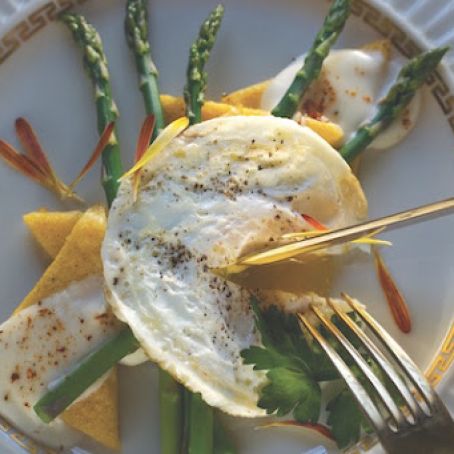 Fried Polenta, Asparagus, Hen Egg, and Spicy Goat Cheese