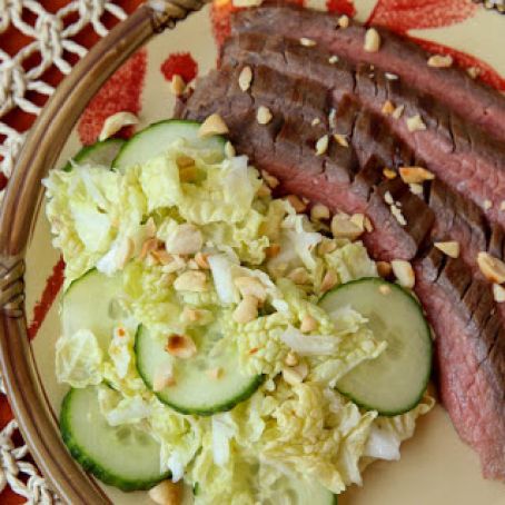 MARINATED ASIAN STEAK WITH CUCUMBER & NAPA CABBAGE SALAD