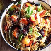 Roasted vegetable and caramelised garlic barley risotto
