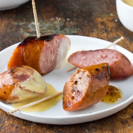 Grilled Smoked Sausage Skewers with 3 Zesty Sauces