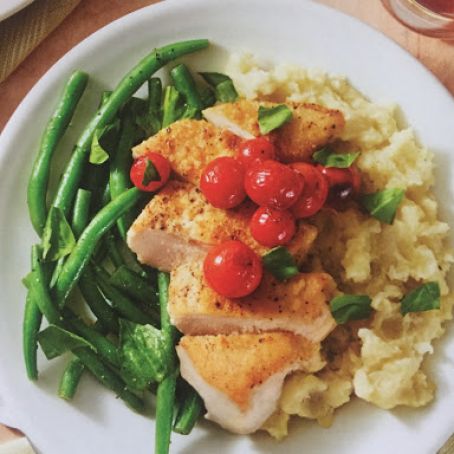 Seared Chicken & Blistered Cherry Tomatoes with Garlic Mashed Potatoes