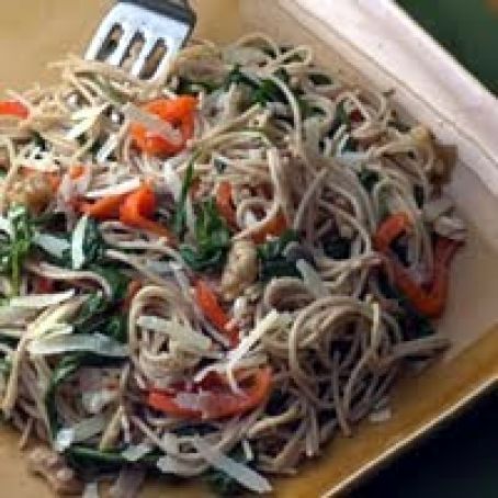 Spaghetti with Arugula, Roasted Peppers, and Prosciutto