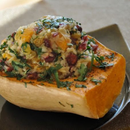 Stuffed Butternut Squash with Rice, Cranberries and Raisins