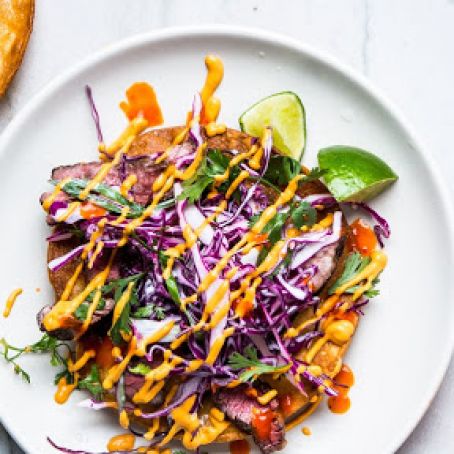 Skirt Steak Tostadas with Cashew Salsa and Red Cabbage Slaw