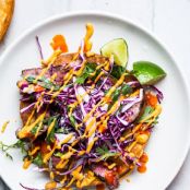 Skirt Steak Tostadas with Cashew Salsa and Red Cabbage Slaw