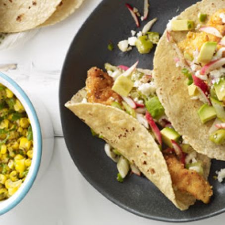 FISH TACOS WITH TOMATILLO-RADISH SALSA