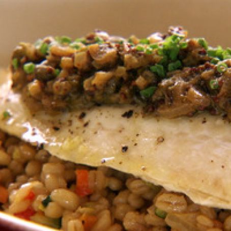 Filet of Sole on Barley and Veg with Grainy Mustard Sauce