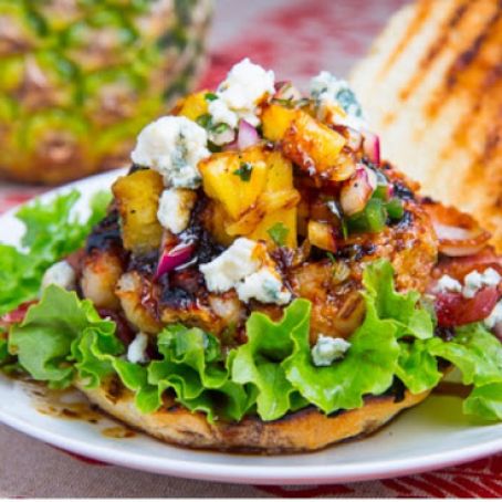 Teriyaki Shrimp Burgers with Grilled Pineapple Salsa, Bacon and Blue Cheese