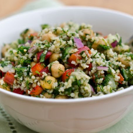 Bulgur Salad with Cucumbers, Red Peppers, Chickpeas, Lemon and Dill