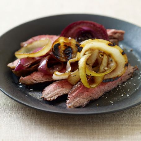 FLANK STEAK WITH TRIPLE GRILLED ONIONS