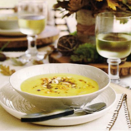 NORTH INDIAN-SPICED PUMPKIN SOUP W/BROWN BUTTER, MUSTARD SEED & CASHEWS