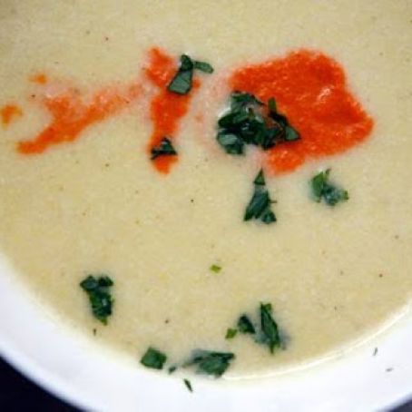 CREAMY CORN SOUP w/RSTD RD PEPPER SAUCE