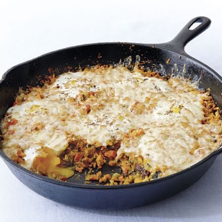 Shirred Eggs with Vegetable Hash and Smoked Cheddar