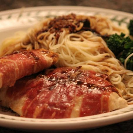 Chicken and Sage over Fettucini  and Shiitake Mushrooms and Fruit Salad