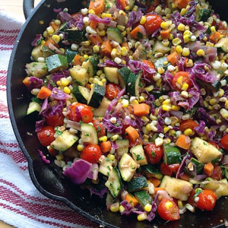 Skillet Corn, Zucchini, & Tomatoes with Basil Oil