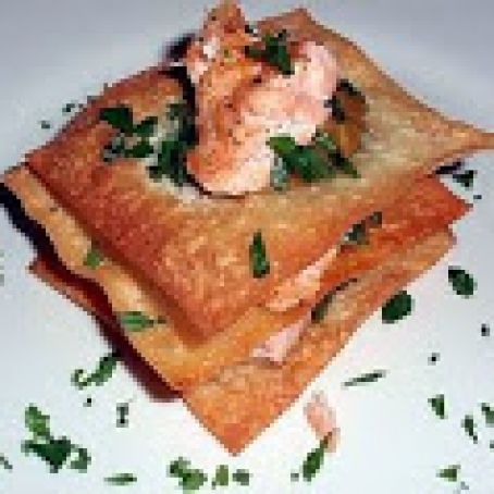 Crispy Wonton and Salmon Napoleon with Parsley-Roasted Garlic Puree