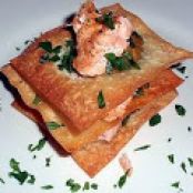 Crispy Wonton and Salmon Napoleon with Parsley-Roasted Garlic Puree