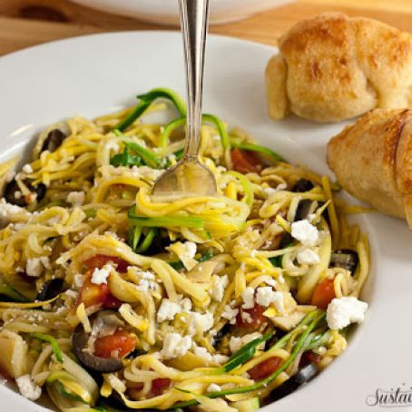 Greek Zucchini Noodles with Feta, Olives, Artichokes and Tomatoes