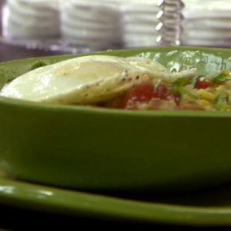 Milanese Risotto with Bacon, Leeks, Tomatoes, and Eggs