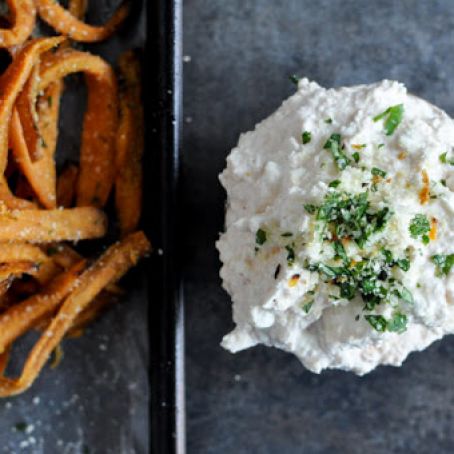 Garlic Butter Sweet Potato Fries with Creamy Feta Dip