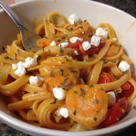 Fettucini with Shrimp, Goat Cheese, and Grape Tomatoes
