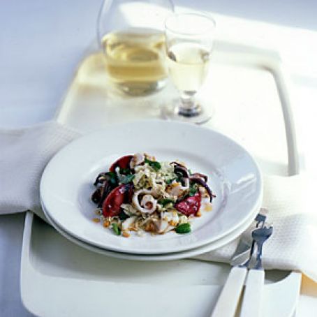 Squid Grilled and Plum Salad with Cilantro, Mint, and Peanuts