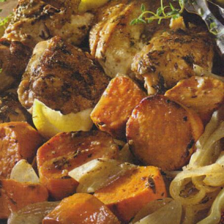 POT-ROASTED CHICKEN WITH SWEET POTATOES AND ONIONS