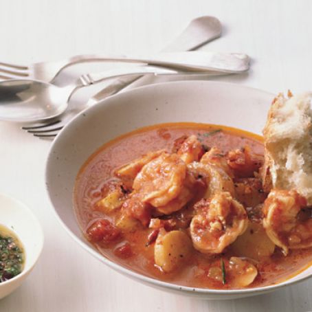 Shrimp and Fingerlings in Tomato Broth