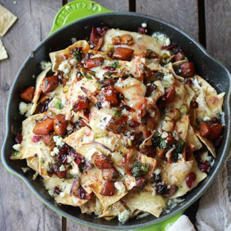 Cranberry, Butternut and Brussels Sprout Brie Skillet Nachos