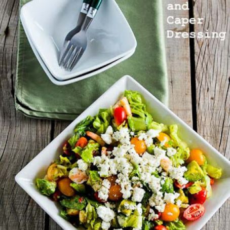 Greek Salad with Avocado, Shrimp and Caper Vinaigrette