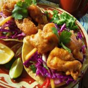 Beer-Battered Catfish Tostadas with a Mango-Cabbage Slaw