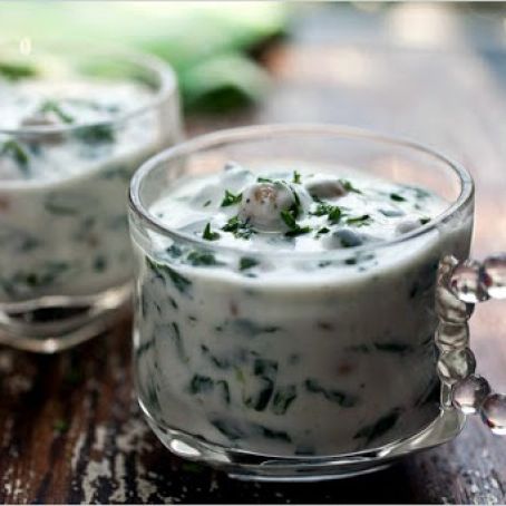 CHILLED YOGURT SOUP w/SPIN & CHICKPEAS