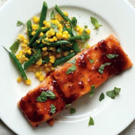 Barbecue-Glazed Salmon with Green Beans & Corn