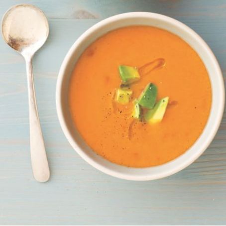 Tomato Gazpacho with Roasted Pepper, Cucumber and Avocado (vitamix)