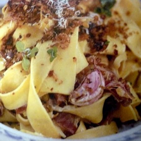 Pappardelle with Braised Leeks and Prosciutto and Porcini Pangrattato