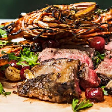 Grilled Rib Eye and Prawns