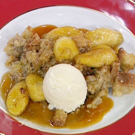 Bananas Foster Bread Pudding with Vanilla Ice Cream and Caramel Sauce