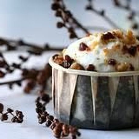 Chocolate Bread Pudding Cupcakes with Toasted Walnuts, Homemade Toffee, and Cream