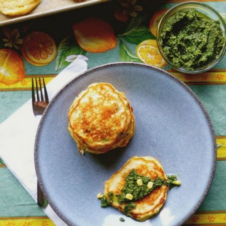 Sweet Miso Corn Cakes with Basil Parsley Pesto