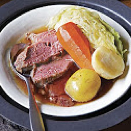 Irish Corned Beef and Vegetables with Dill Pickle-Horseradish Cream and Guinness-Mustard Sauce