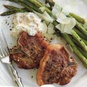 GARLICKY LAMB CHOPS WITH DILLED SUN-DRIED TOMATO TZATZIKI & ROASTED PECORINO ASPARAGUS