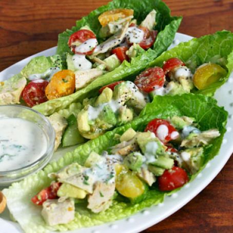 Chicken and Avocado lettuce boats with buttermilk Dijon dressing