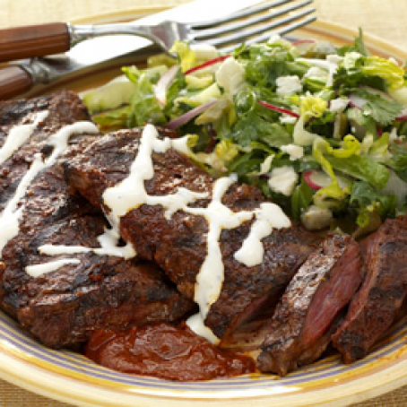 SKIRT STEAKS WITH RED CHILE SAUCE AND CREAMY ROMAINE SLAW